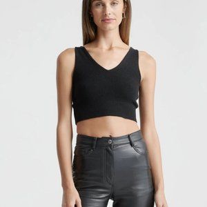 Quince Women Mongolian Cropped Tank Black Ribbed Hem V-Neck Stretch M